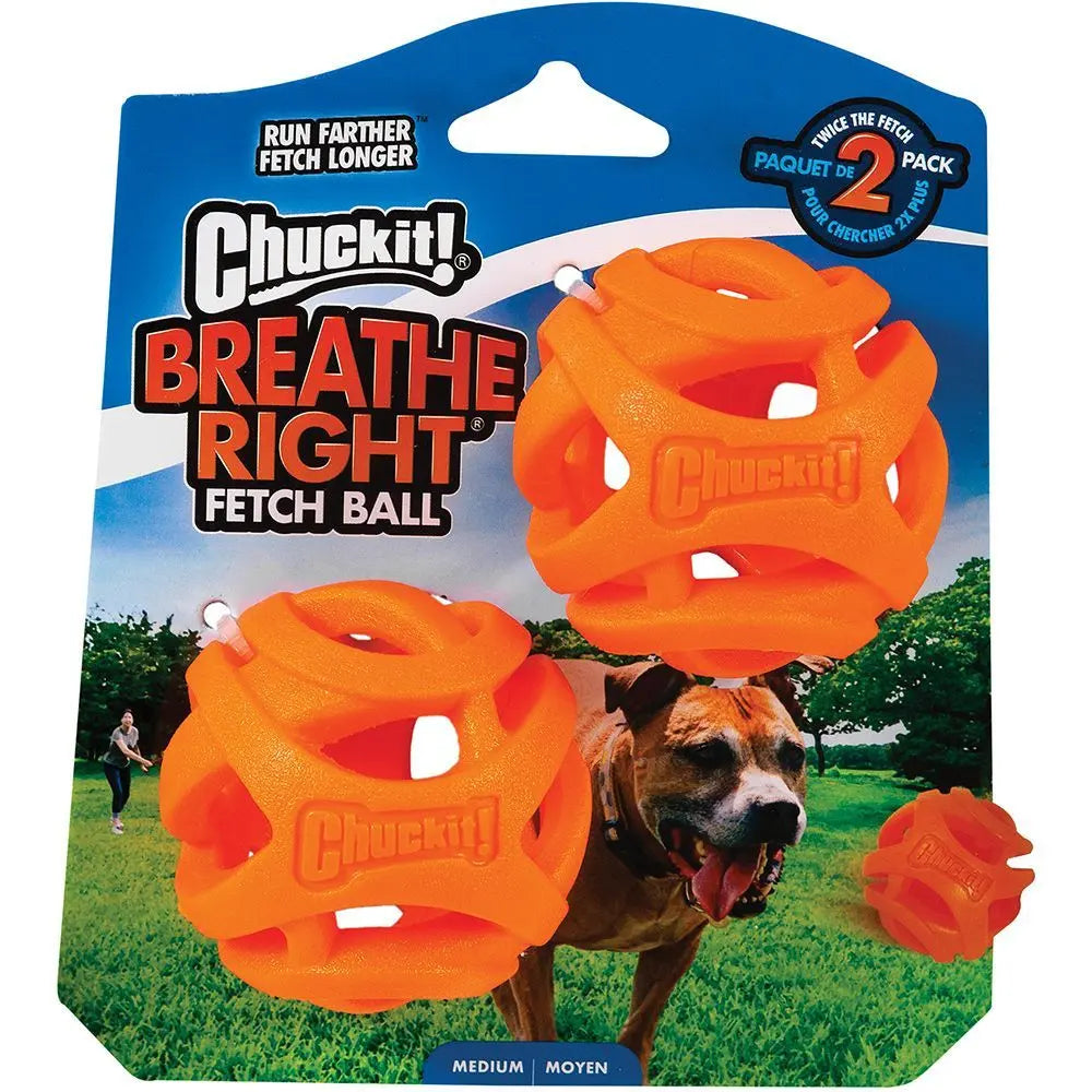 Chuckit Breathe Right ball medium in bright orange for enhanced fetch play and airflow for dogs