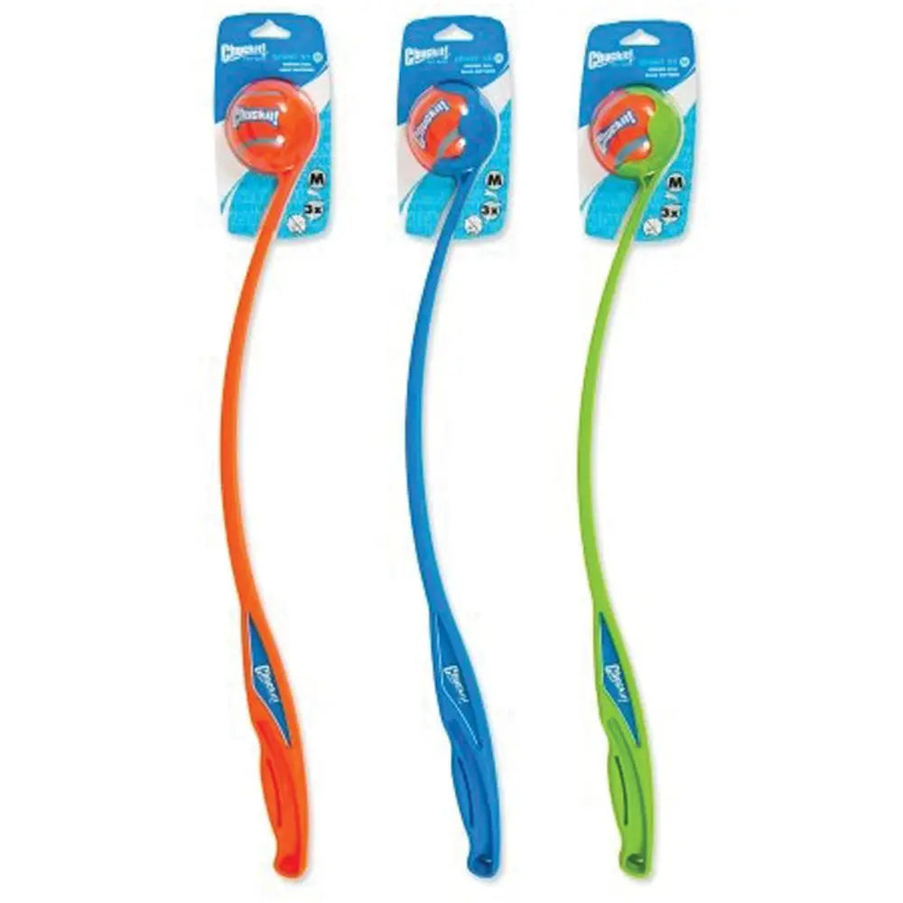 K9 Outdoors long throw dog ball launcher set in orange, blue, and green for fun outdoor play