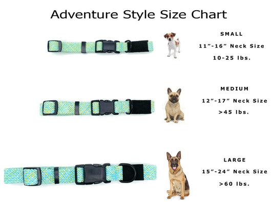 Adventure style size chart for climbing rope dog collar in small, medium, and large options