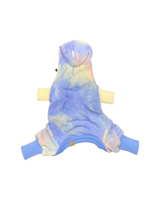 BESPOKE PAWS colorful pet pajamas in a tie-dye pattern with a cozy hood and soft sleeves