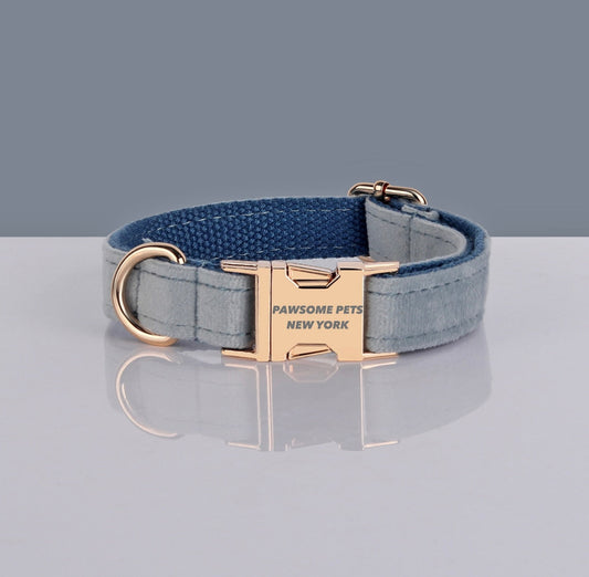 Tail Chasers Quick Release Comfortable Dog Collar for Sensitive Skin in Soft Blue and Grey Fabric