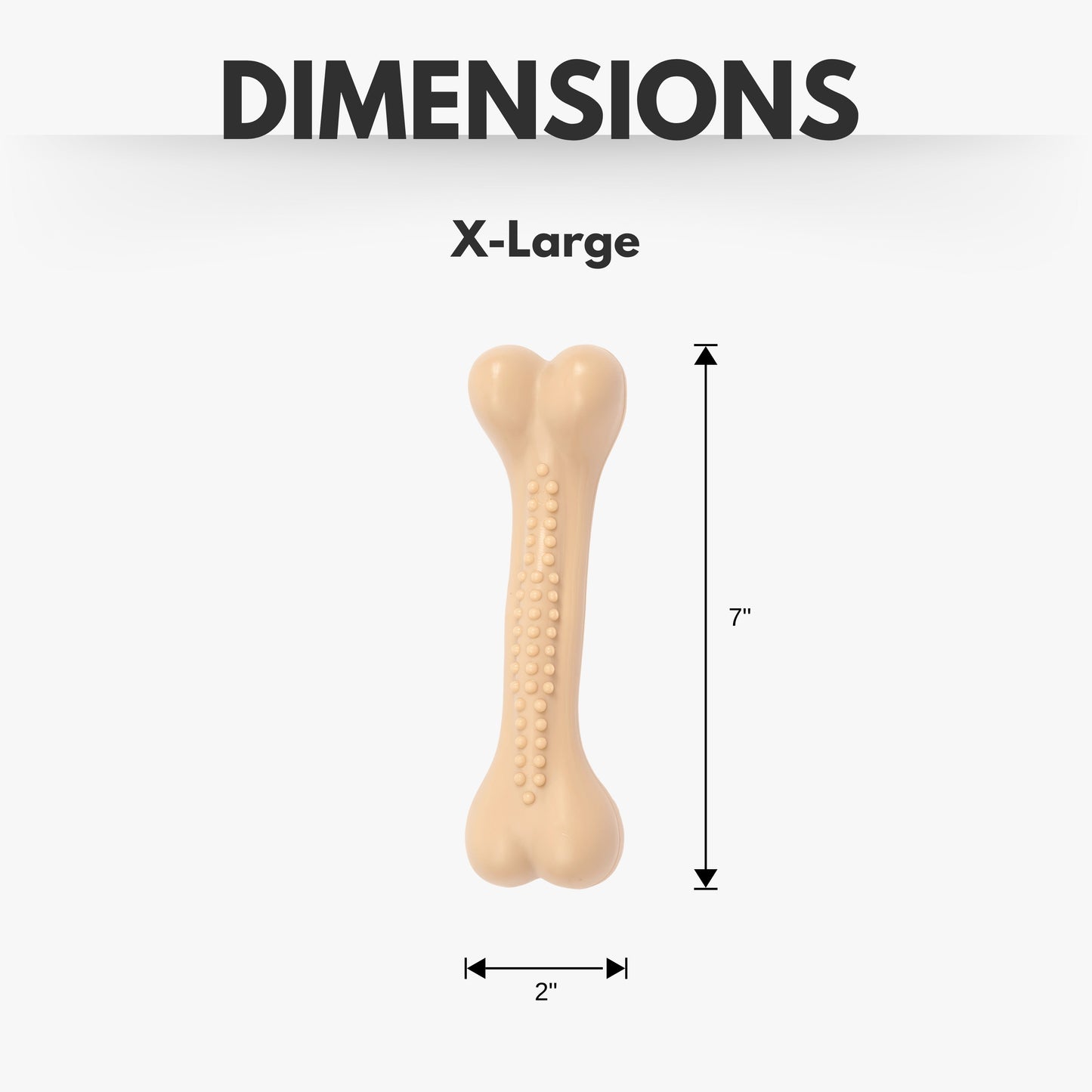 Durable chew toy for aggressive dogs in an X-Large bone shape measuring 7 inches long and 2 inches wide