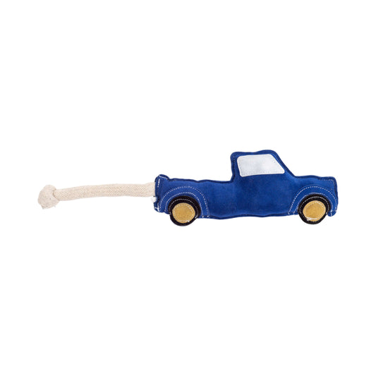 Durable dog chew toy for aggressive chewers shaped like a blue truck with a rope tail