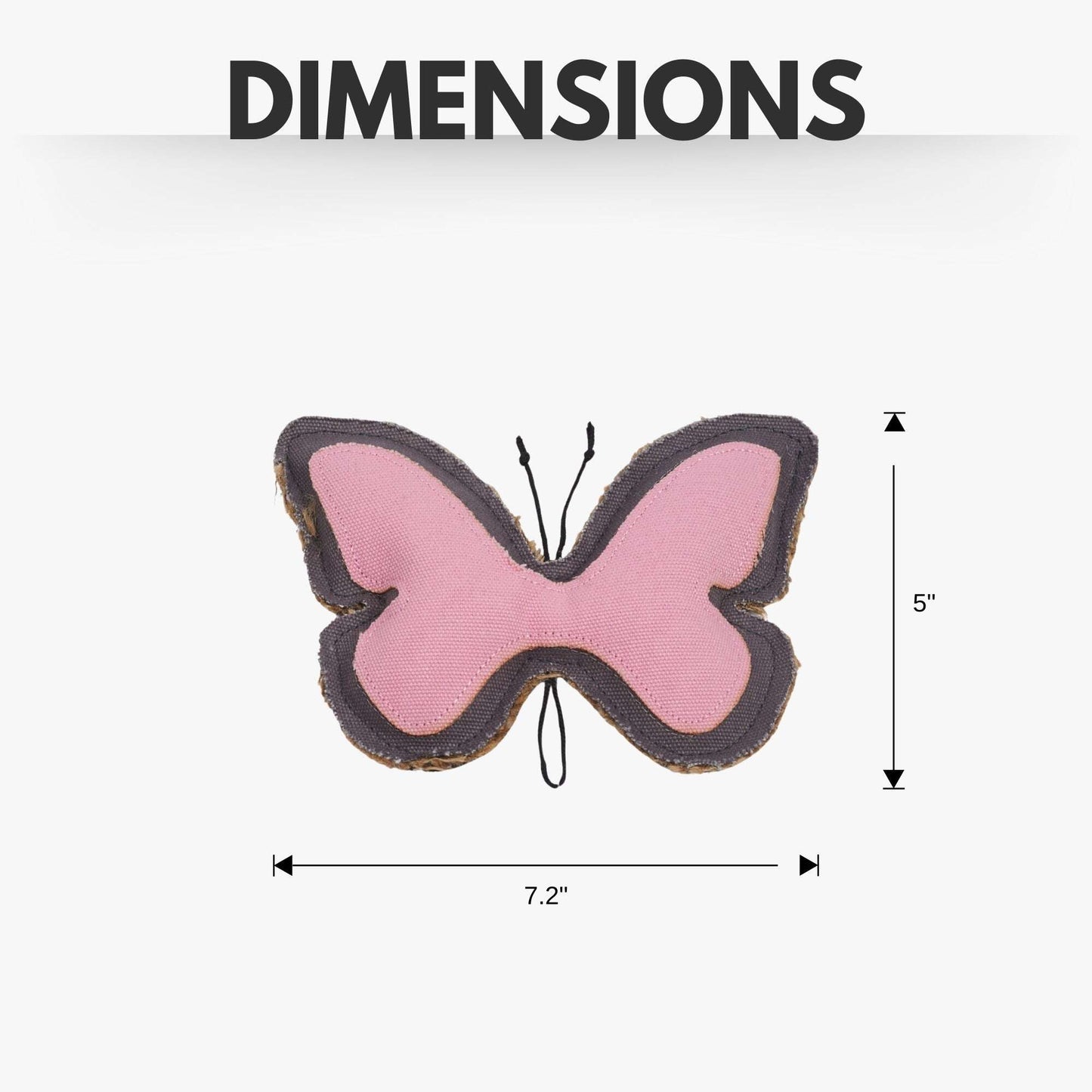 Durable dog chew toy for strong chewers shaped like a butterfly, measuring 7.2 inches by 5 inches