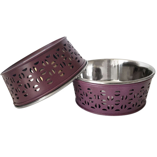 Purrfect Pet Kingdom durable metal dog food bowls in purple with a stylish cutout design