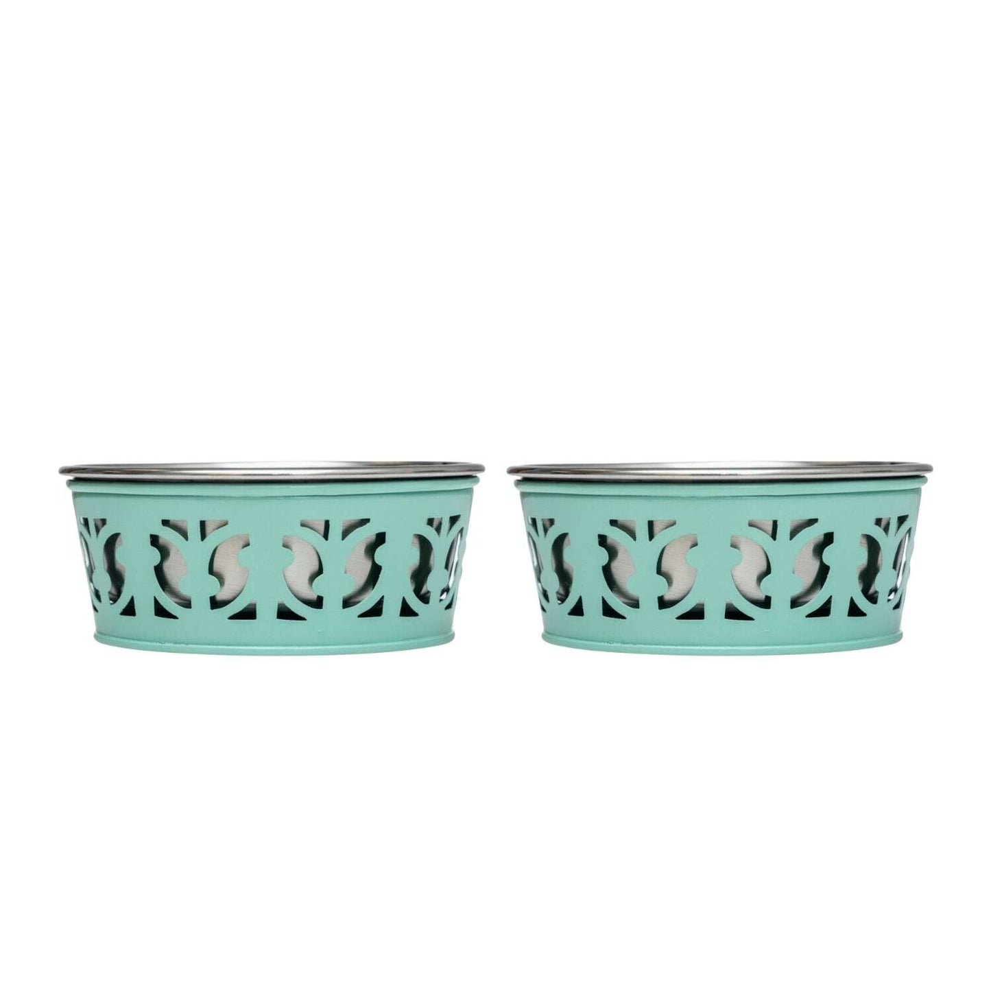 Durable metal dog food bowls in turquoise with decorative cutout designs for stylish pet feeding