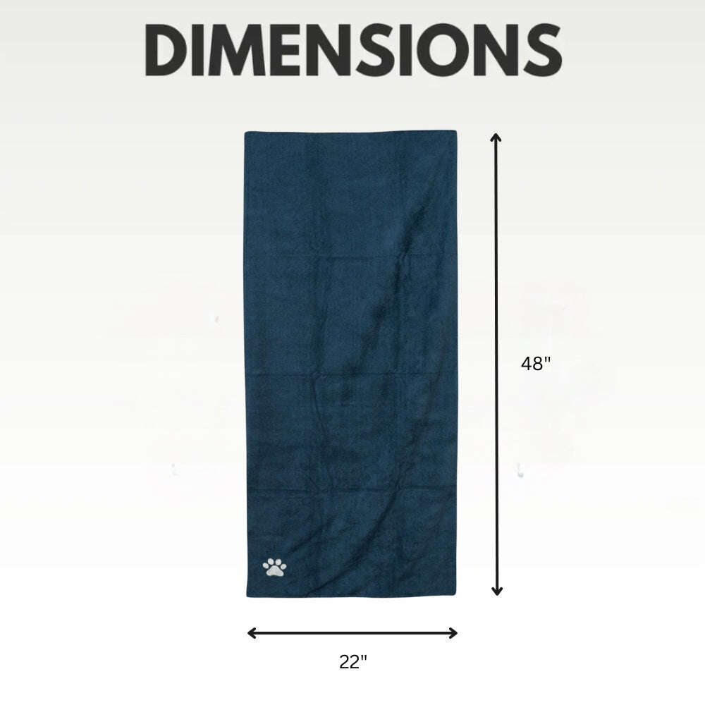 Microfiber Dog Bath Towel in navy blue measuring 22 inches by 48 inches for quick drying
