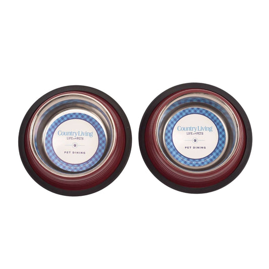 Set of non skid dog and cat bowls with stainless steel interior and black rubber base for stability