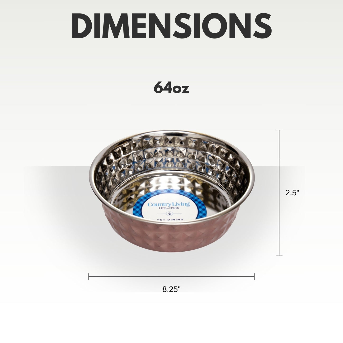 Non-tip pet feeding bowls for large dogs in stainless steel with a 64oz capacity and textured design
