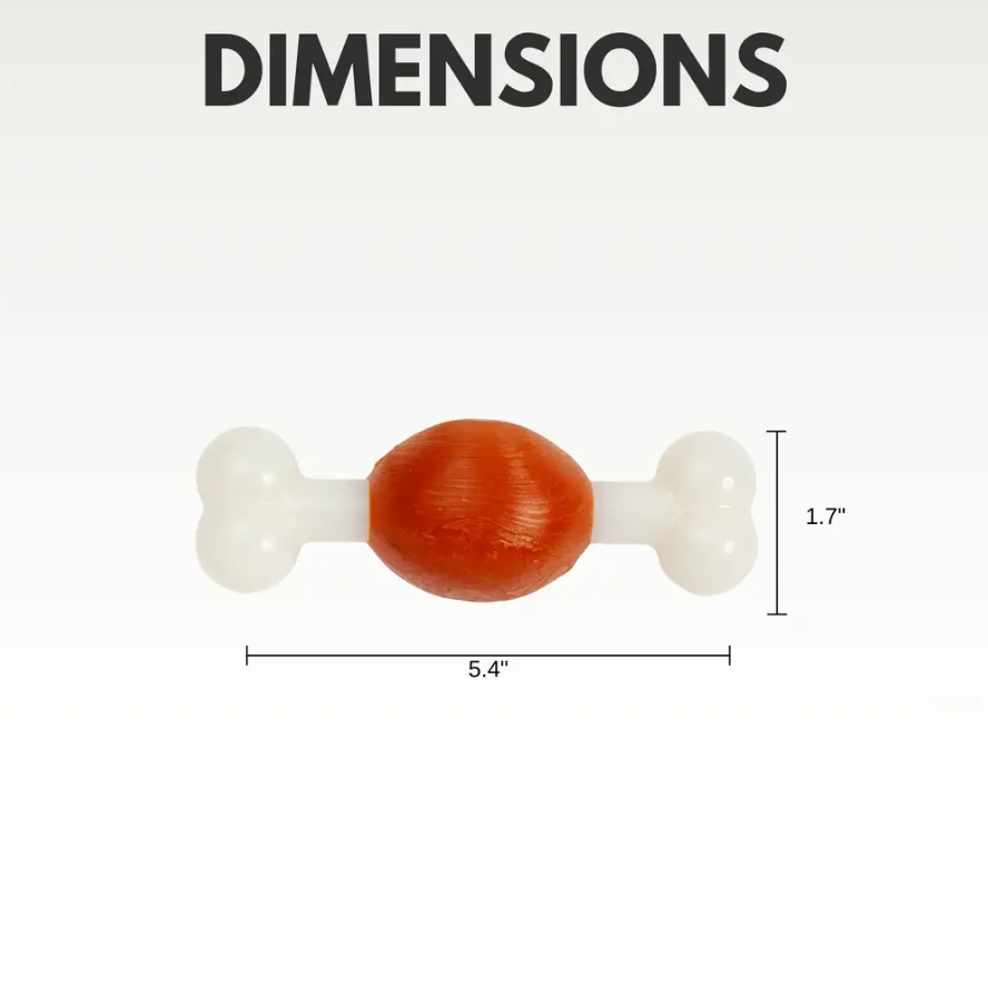 Nylon bone chew toy for small dogs from Purrfect Pet Kingdom with durable design and dimensions labeled