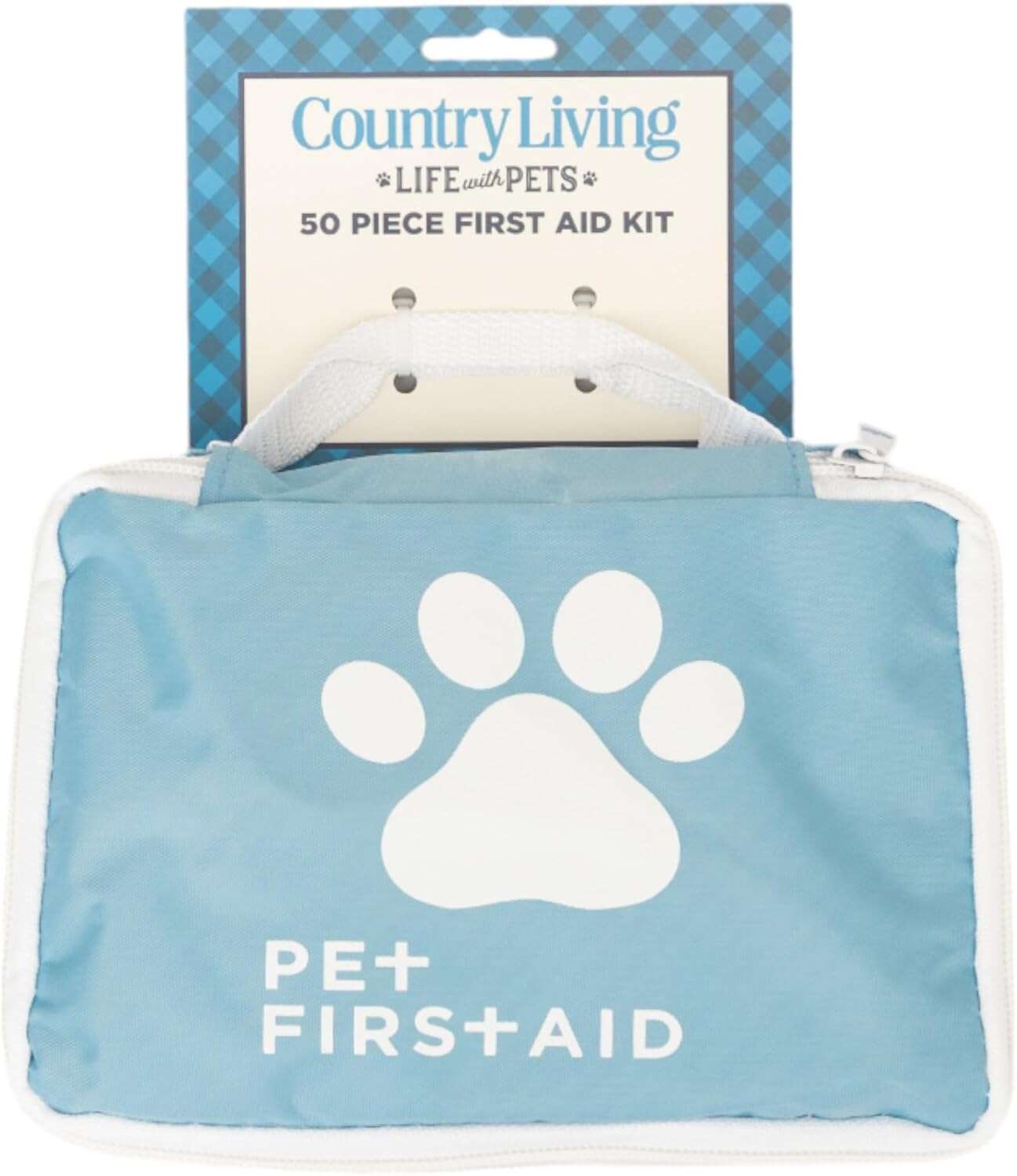 Portable pet first aid supplies in a blue kit with paw print design for pet emergencies