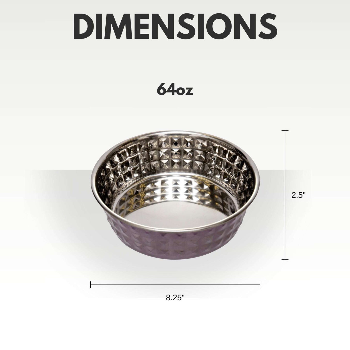 64oz Stainless Steel Dog Bowls with 2.5 inch height and 8.25 inch diameter from Purrfect Pet Kingdom