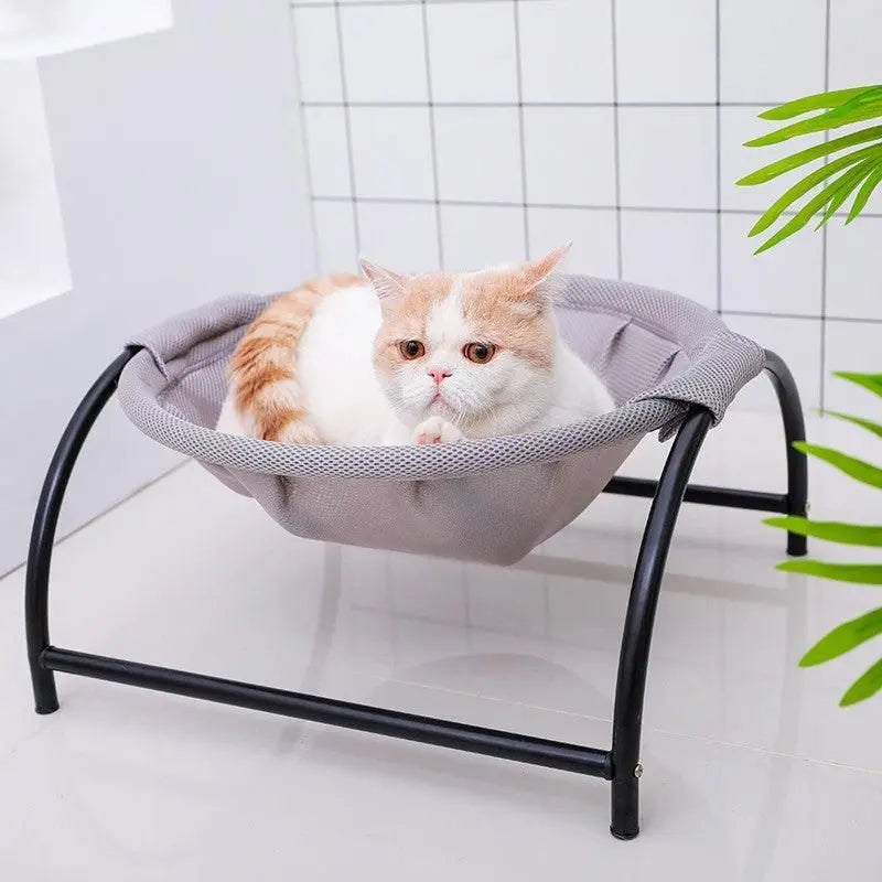 Cozy Cat Lounger by Purrfect Pet Kingdom with gray mesh fabric and black metal frame holding a relaxed cream and orange cat