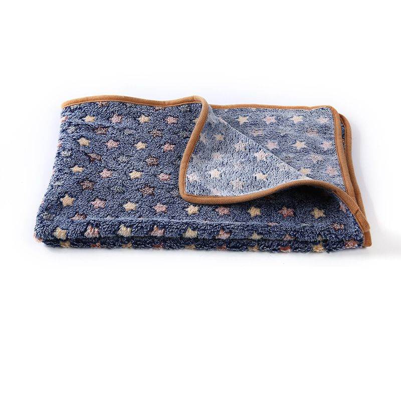 Cozy pet blanket for dogs and cats featuring a soft blue star pattern with brown trim