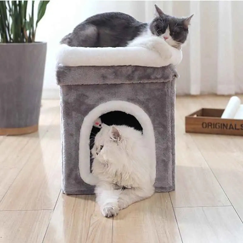 Purrfect Pet Kingdom Cozy Retreat Pet Haven elevated perch with two cats resting on gray and white plush pet house