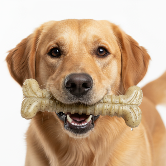 Golden Retriever holding a speckled tan SodaPup Tough Bone, an ultra-durable textured nylon chew toy.
