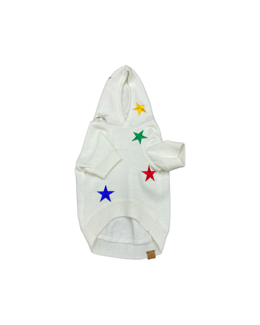 Cute dog hoodie with stars in white featuring colorful star designs for stylish pet outings