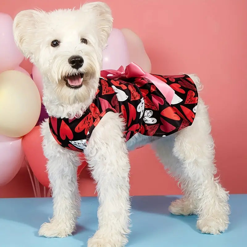 Festive Hearts Print with Pink Bow Pet Dress