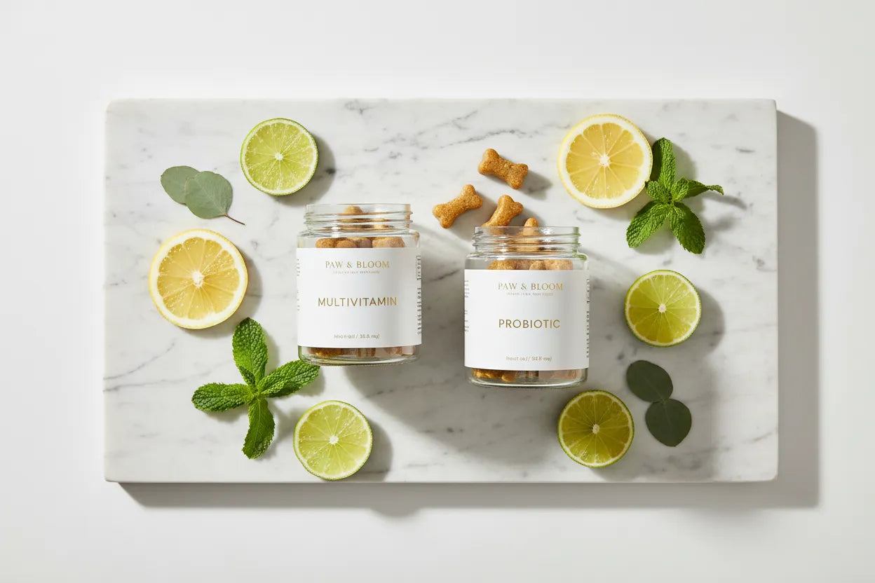 Daily Wellness Bundle of vitamins and probiotics for dogs by Purrfect Pet Kingdom®, ideal for dog health and wellness.