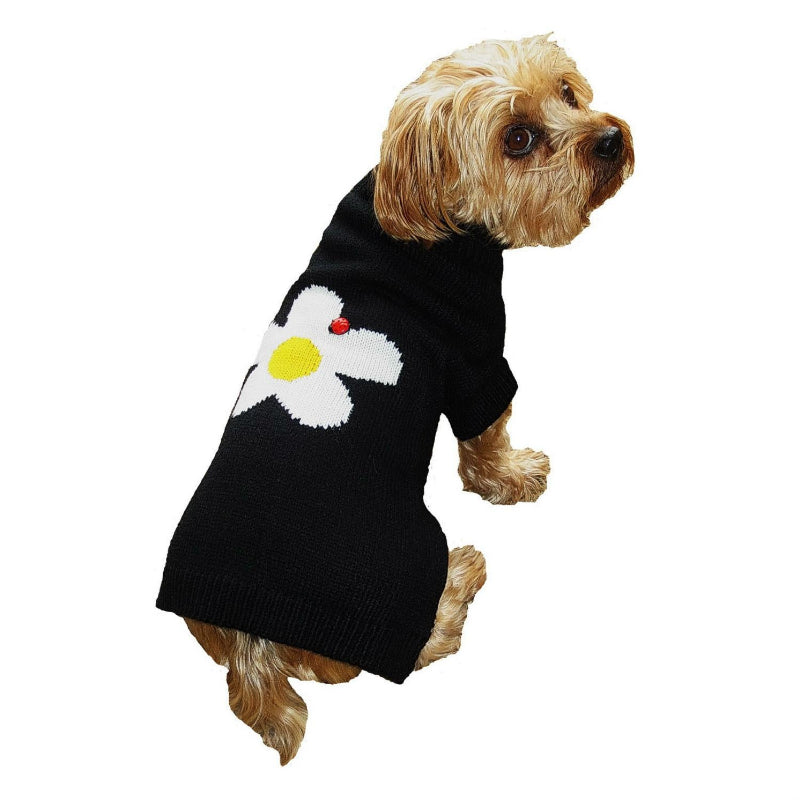 Daisy White Flower and Lady Bug Black Turtleneck Pet Sweater