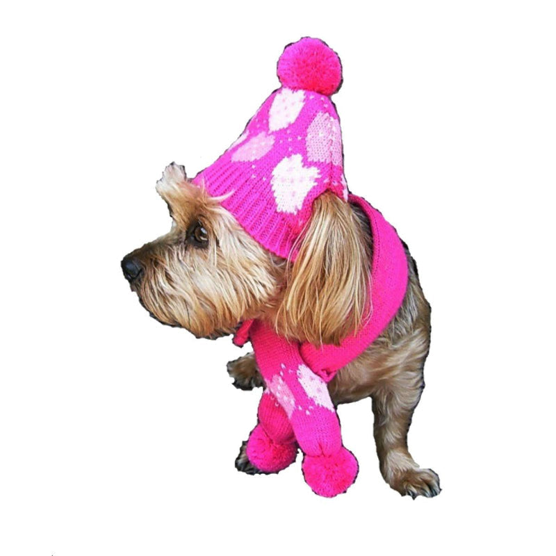 Pink Hearts Pom Pom Pet Hat with Matching Pet Scarf