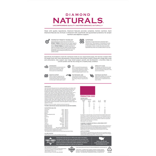 Diamond Naturals large breed puppy food nutrition label featuring ingredients and feeding guidelines