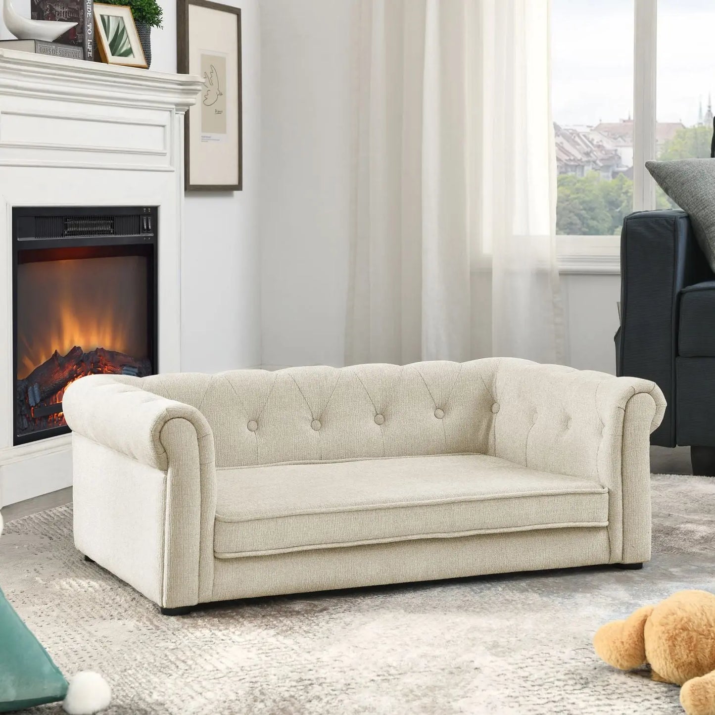 Purrfect Pet Kingdom beige noble dog bed designed like a miniature sofa with tufted backrest