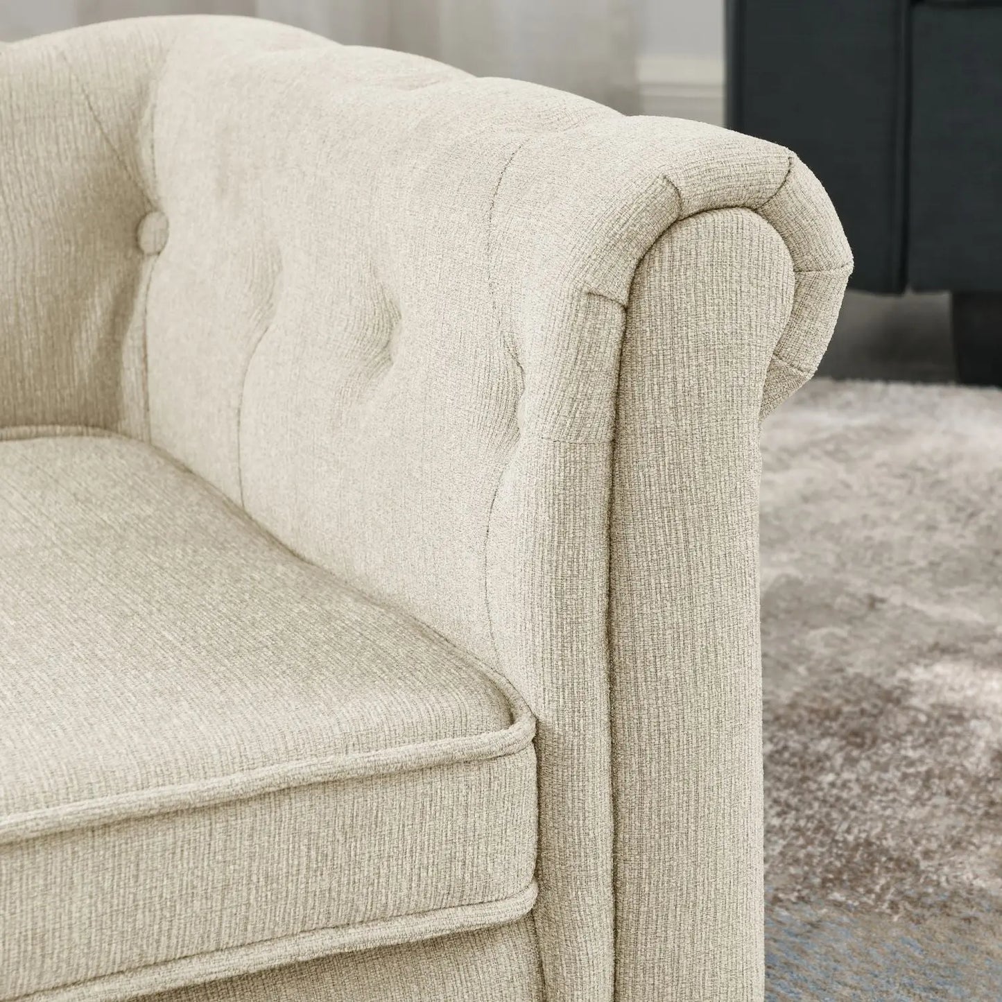 Beige tufted Noble Dog Bed by Purrfect Pet Kingdom with rolled armrest and cushioned seat