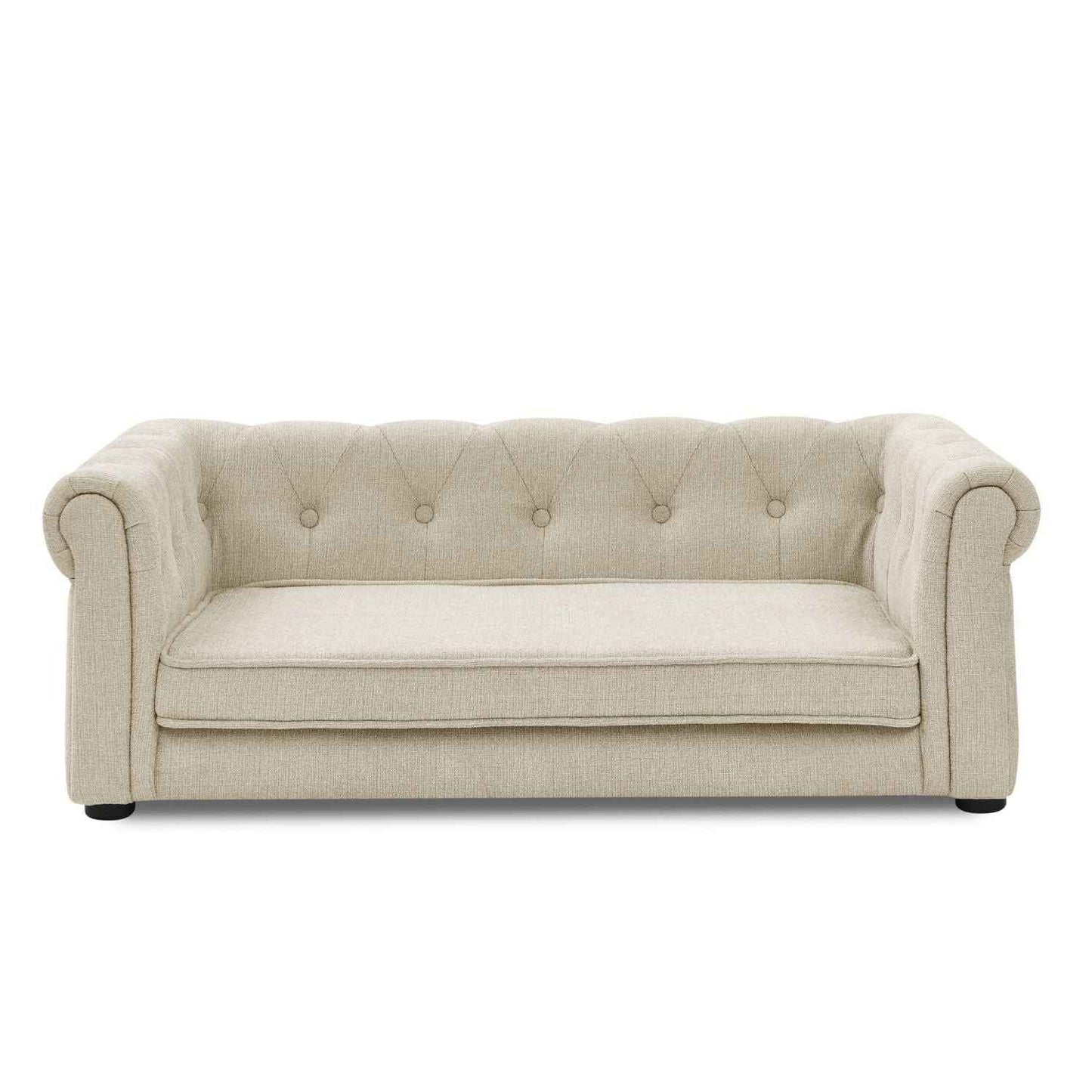 Beige noble dog bed with tufted backrest and rolled arms by Purrfect Pet Kingdom