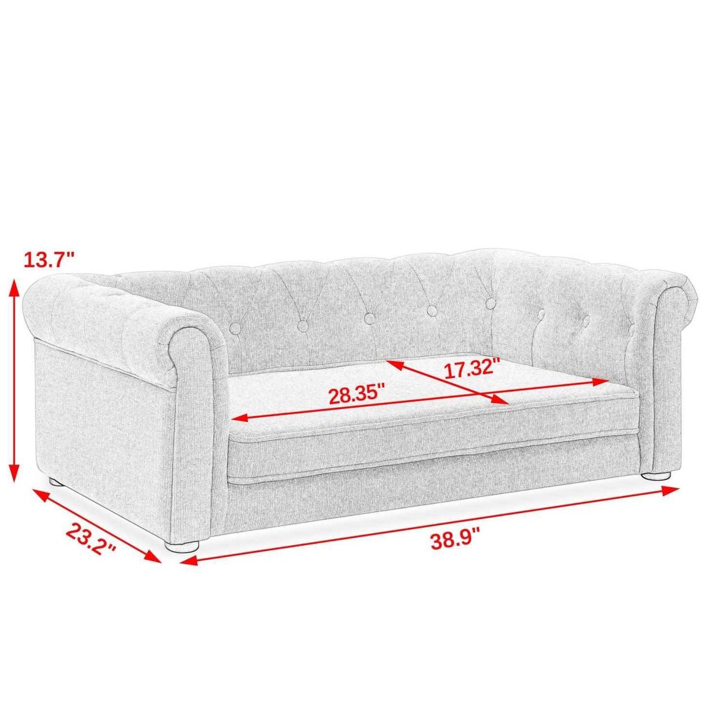 Purrfect Pet Kingdom Noble Dog Bed with tufted back and rolled arms measuring 38.9 by 23.2 inches