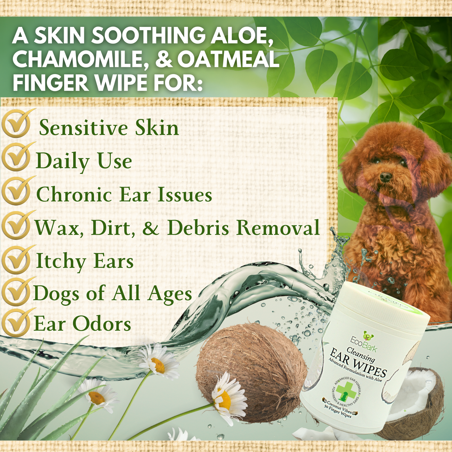 Dog Supply Natural Ear Finger Wipes EcoBark Coconut Essentia - gallery product image for dog supply