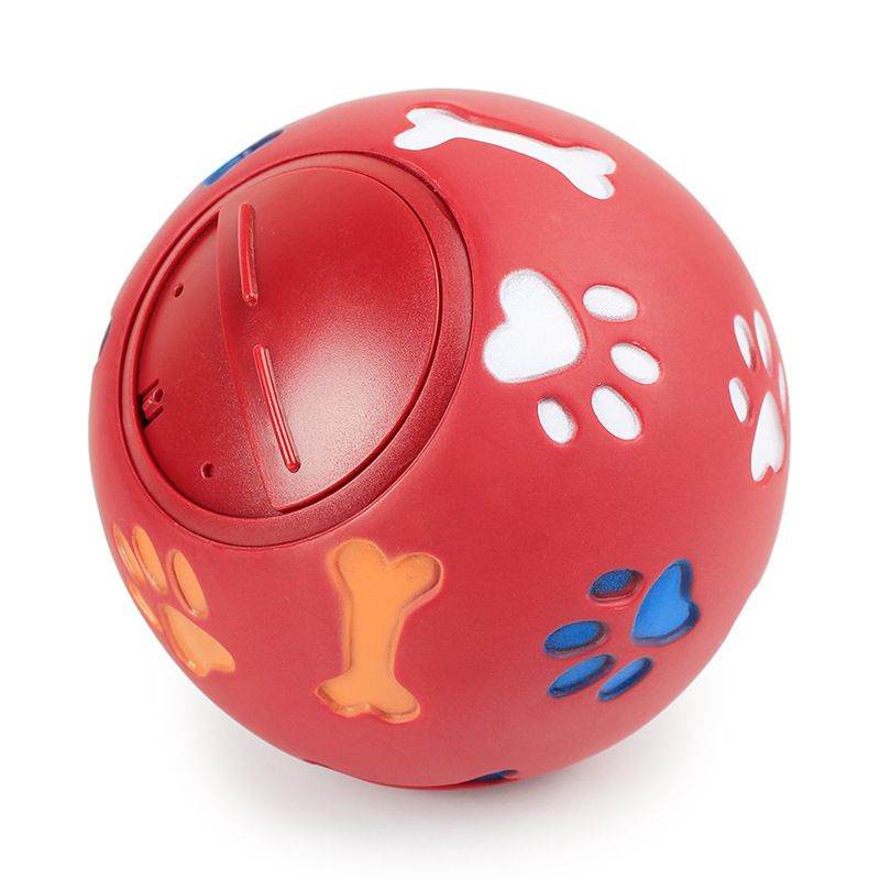 Purrfect Pet Kingdom red interactive dog enrichment puzzle feeder ball with colorful paw and bone designs