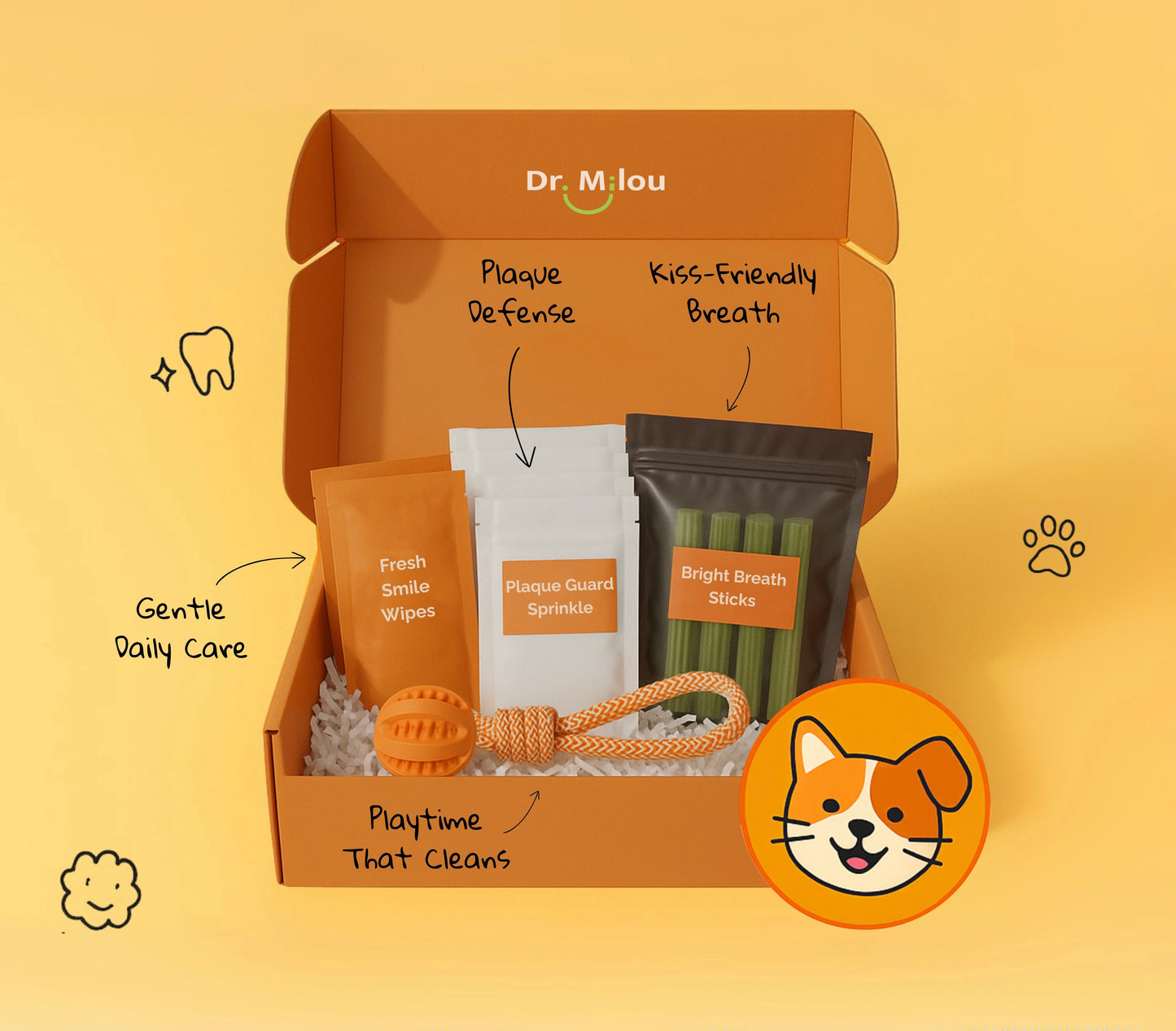 Purrfect Pet Kingdom pet dental care kit with dental wipes, breath sticks, and plaque defense items