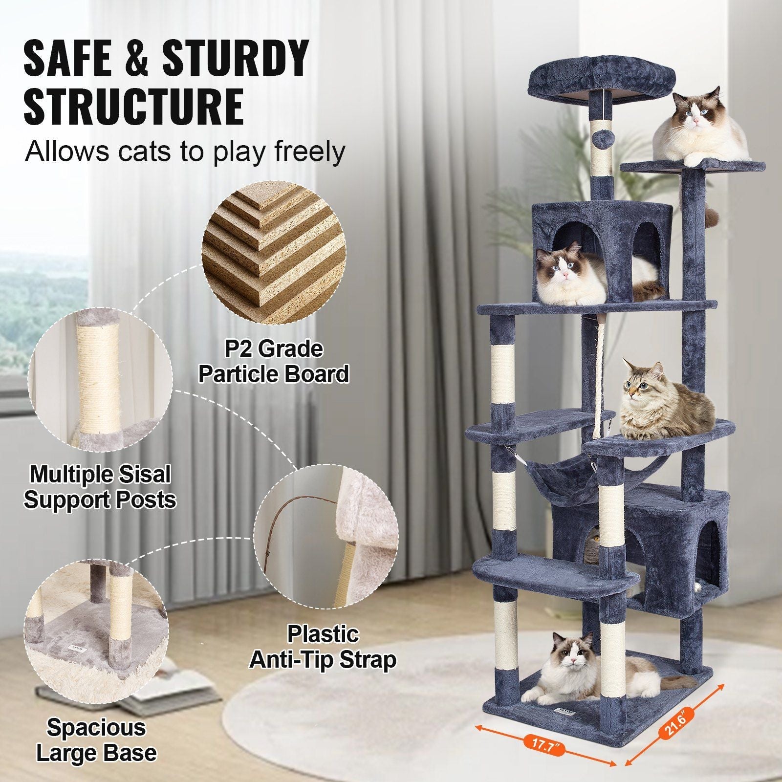 Cat Tree 72" Cat Tower with 2 Cat Condos Sisal Scratching Post Dark Grey - Cat Trees & Towers - Berry Charmz