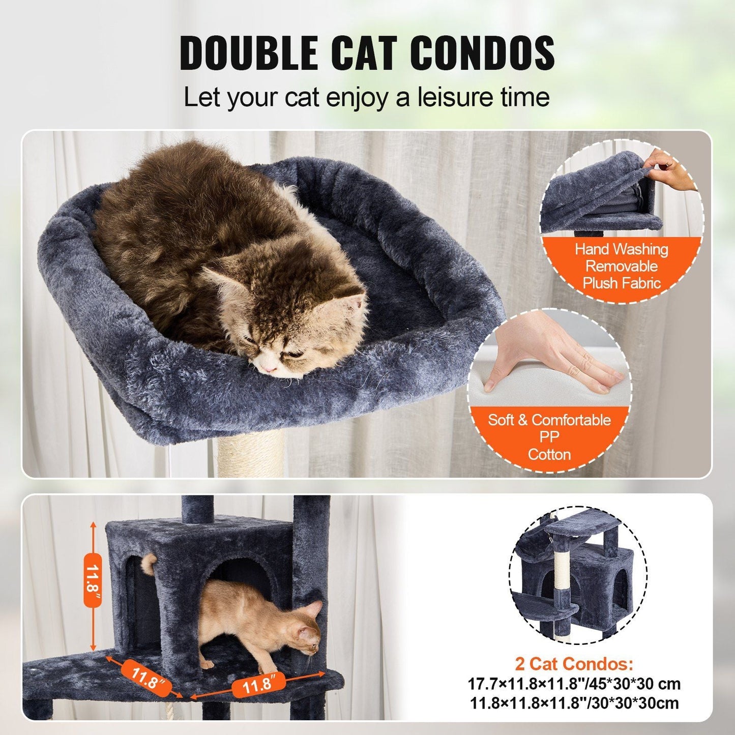 Cat Tree 72" Cat Tower with 2 Cat Condos Sisal Scratching Post Dark Grey - Cat Trees & Towers - Berry Charmz