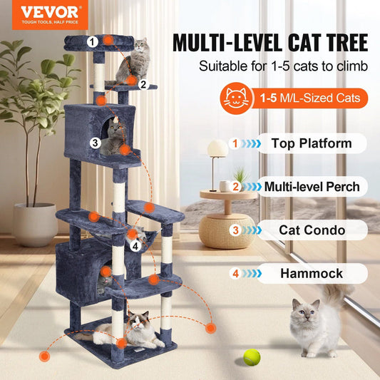 Cat Tree 72" Cat Tower with 2 Cat Condos Sisal Scratching Post Dark Grey