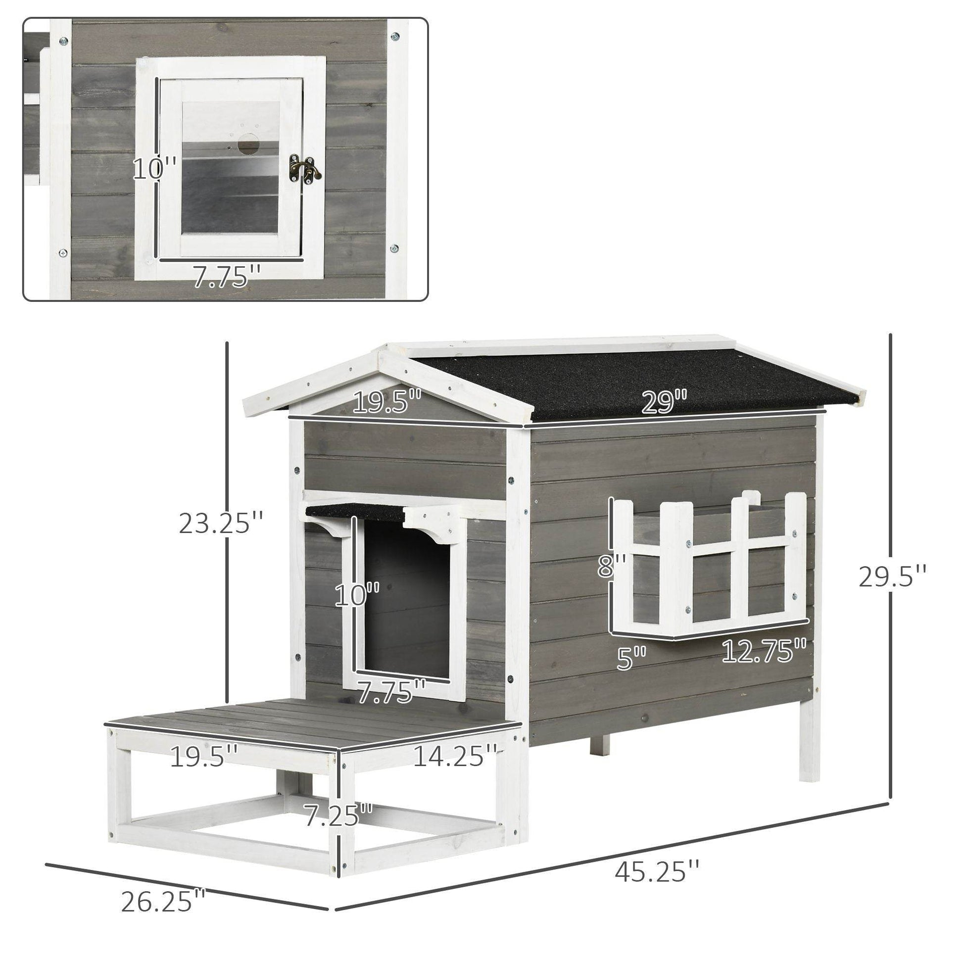 Weatherproof Outdoor Cat House with Porch & Escape Door - Feral Cat Shelter with Plant Stand | Dark Grey/White Wood Construction - Purrfect Pet Kingdom