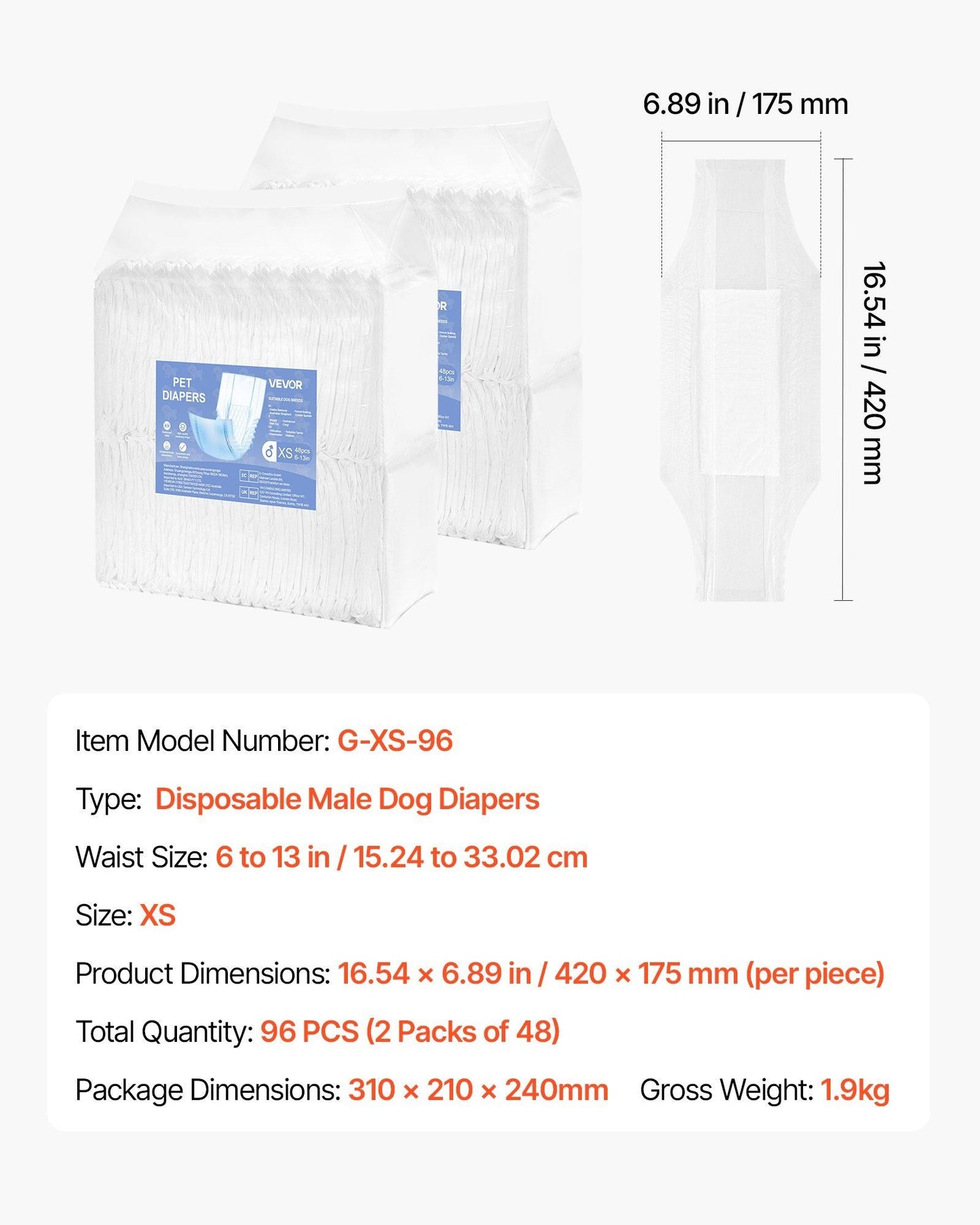 Disposable Male Dog Diapers Super Absorbent Male Dog Wrap XS Size 96 Count - Pee Mats - Berry Charmz