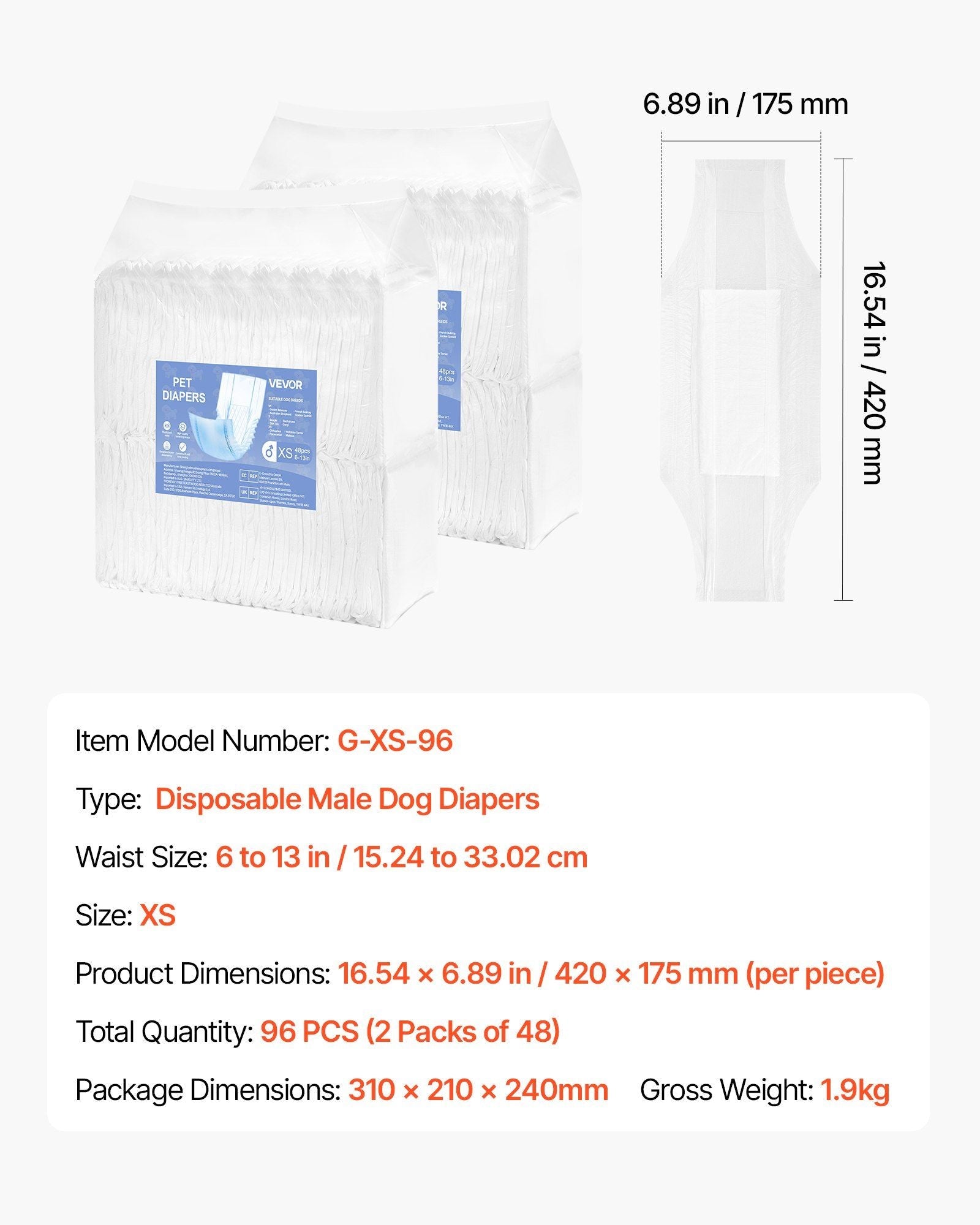 Disposable Male Dog Diapers Super Absorbent Male Dog Wrap XS Size 96 Count - Pee Mats - Berry Charmz