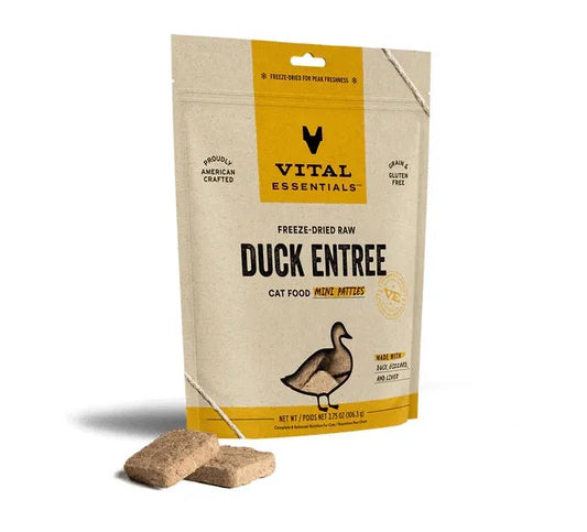 Duck Mini Patties Cat Food by Vital Essentials in an 8 oz bag, perfect for cats, available at Purrfect Pet Kingdom® - free...