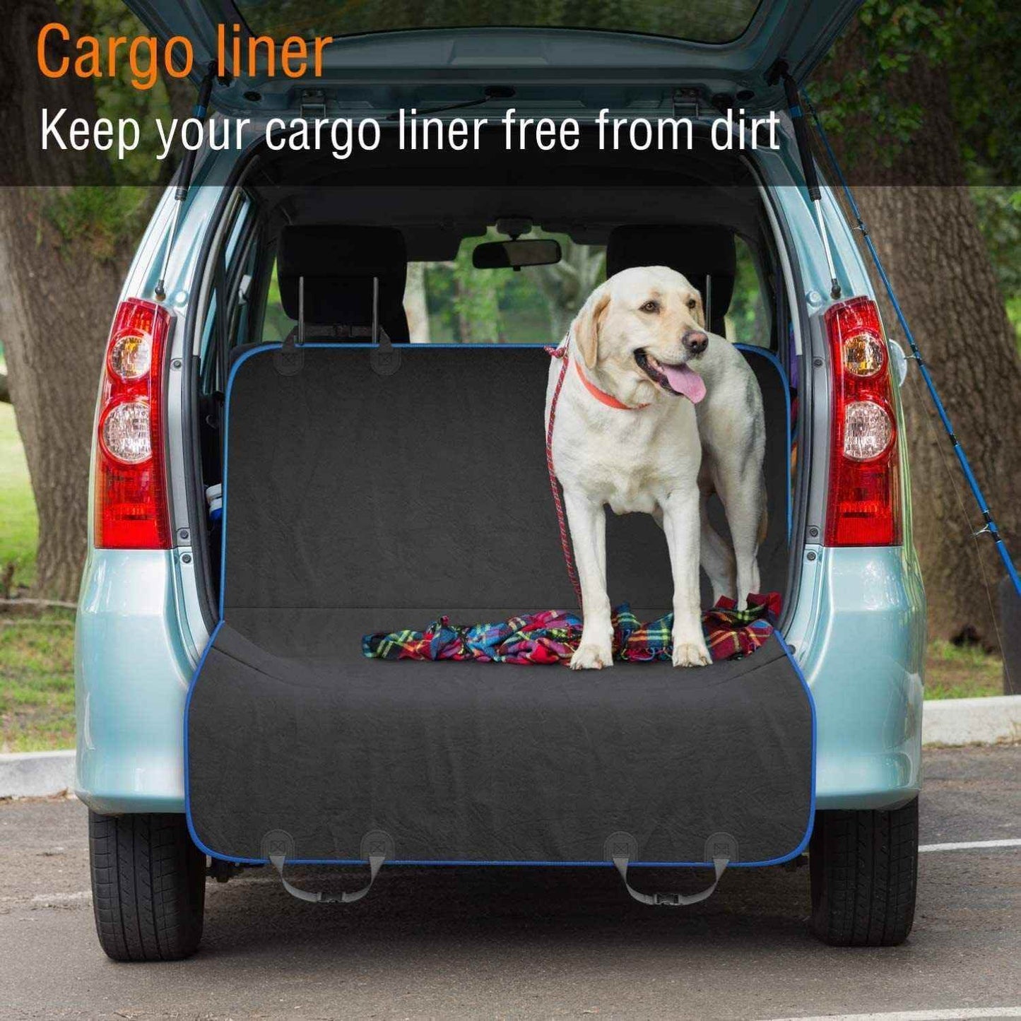 Durable pet seat cover for vehicles with a dog standing on cargo liner in open car trunk