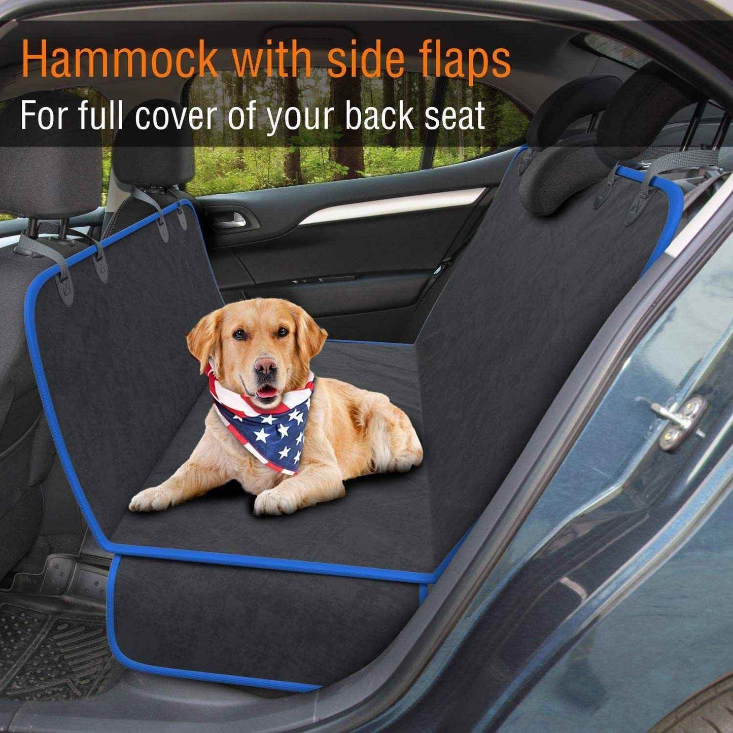 Durable pet seat cover for vehicles with hammock design and side flaps protecting back seat