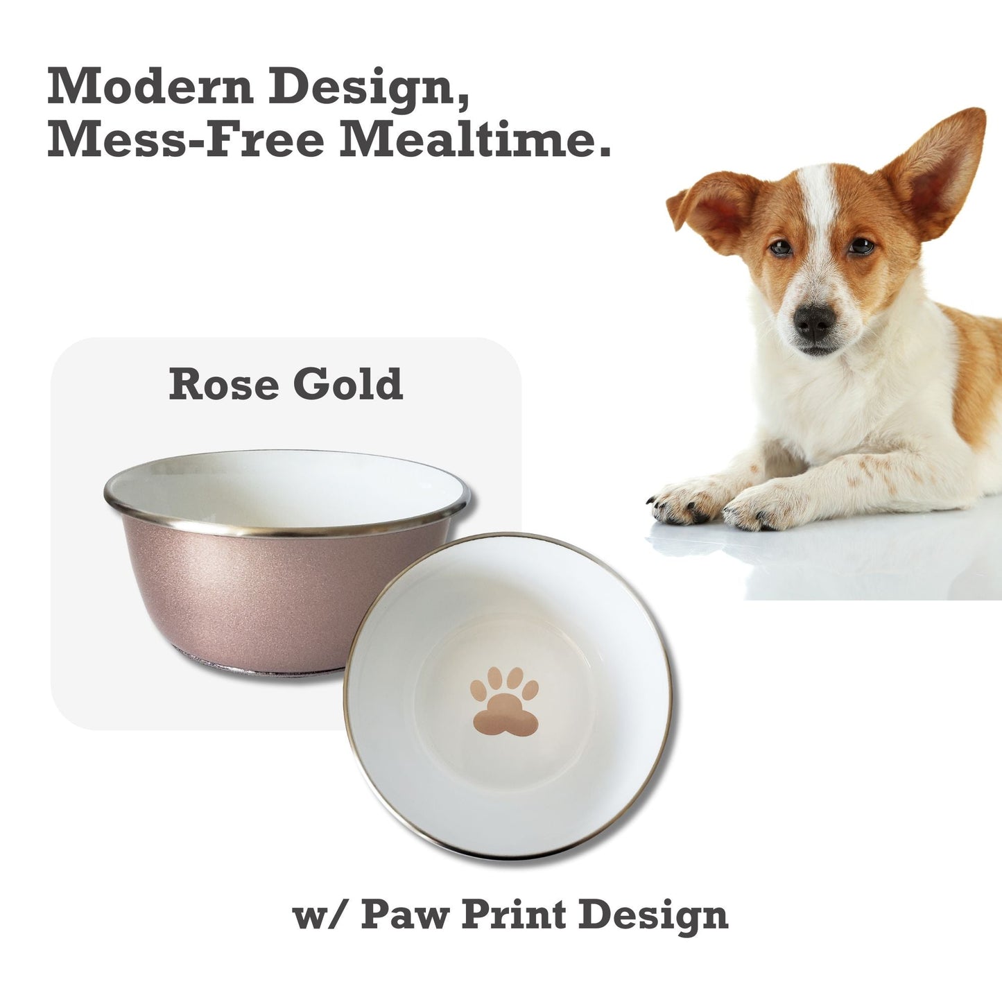 Durable rose gold dog dish with paw print design, perfect for modern pet mealtime.