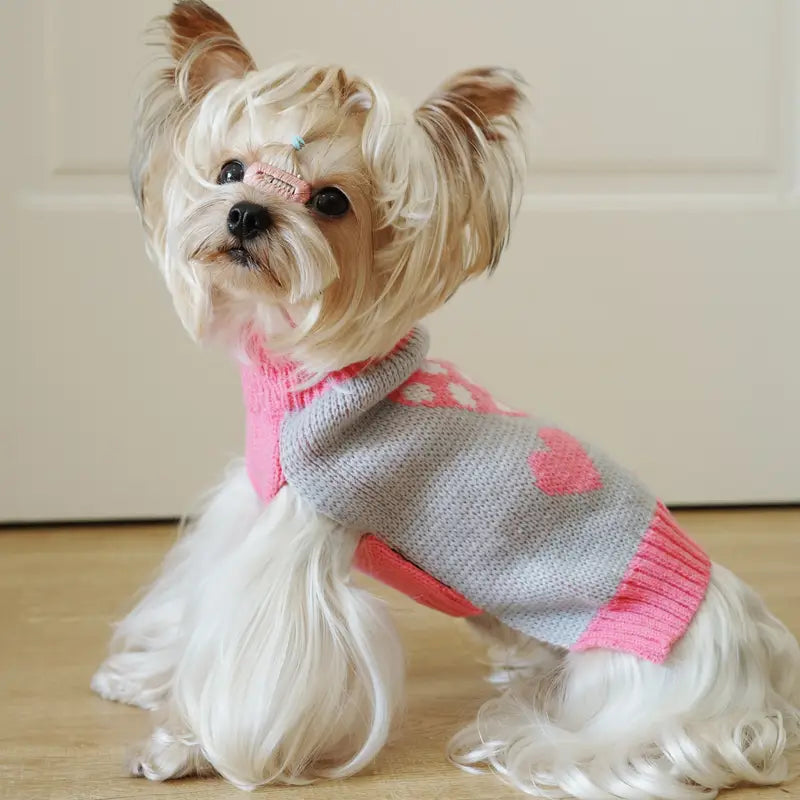 Adorable Triple Heart Patterned Pink & Grey Turtleneck Pet Sweater