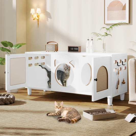 Furniture Style Cat Cabinet Cream White Cat Litter Box with