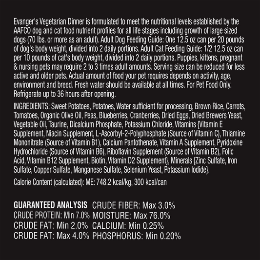 Evanger's vegetarian wet pet food formulated for dogs with nutritious ingredients and essential vitamins