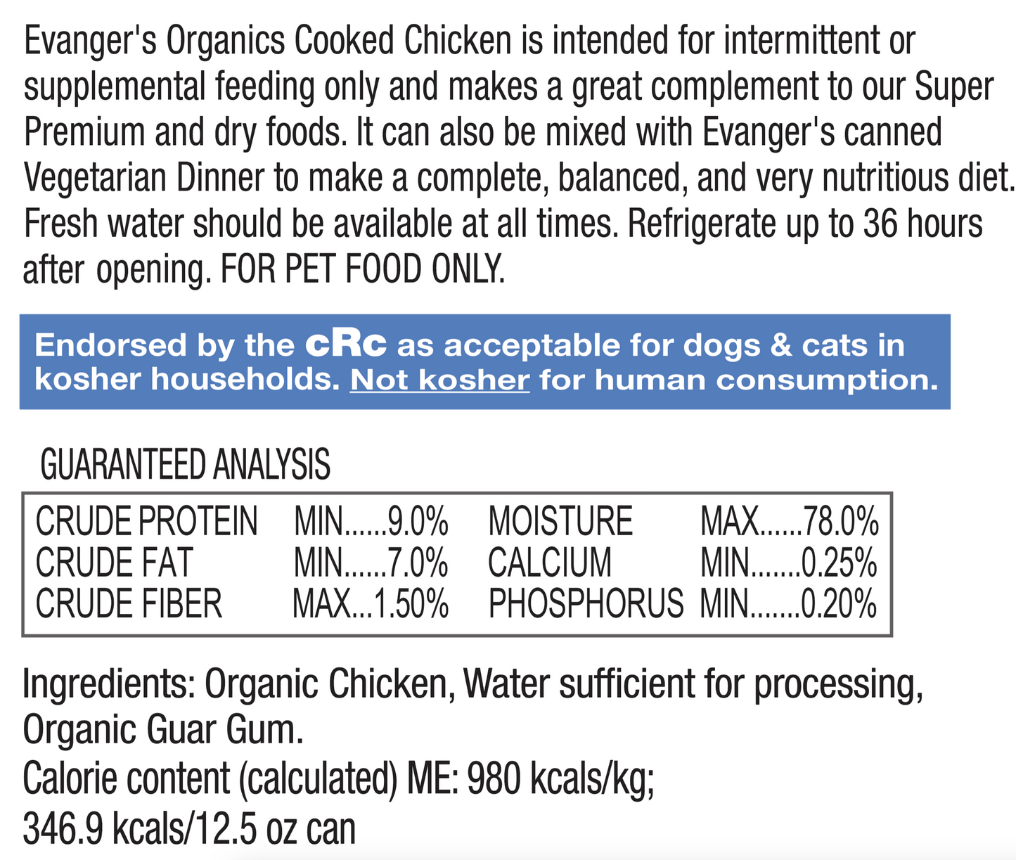 Evanger's Organics All Life Stages Cooked Chicken Wet Dog Can (12.5oz) - Wet Dog Food - The Family Pet