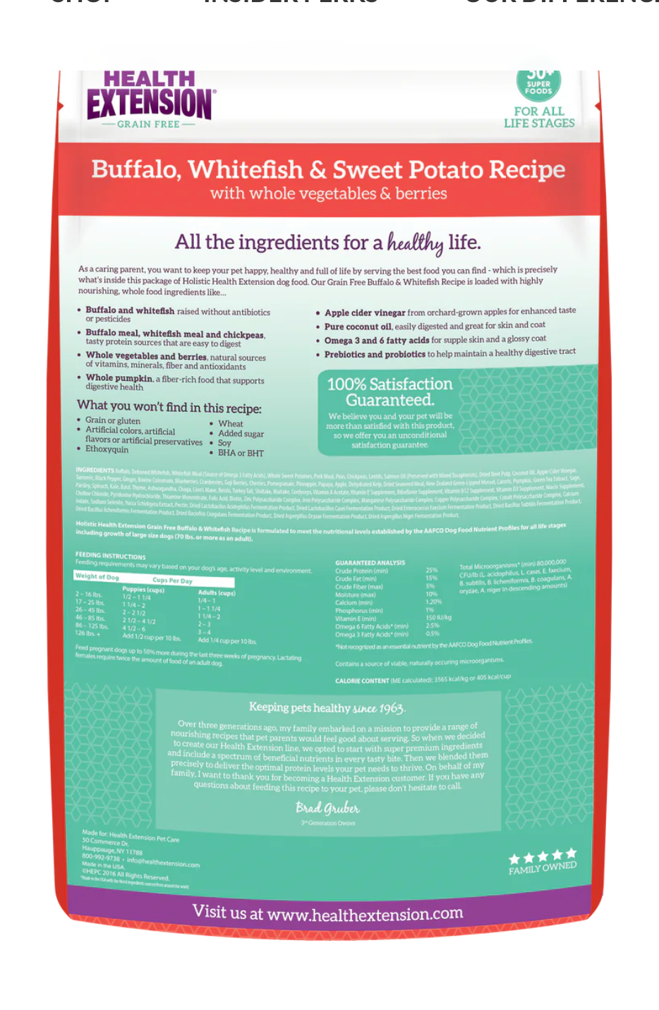 Health Extension grain free buffalo dog food bag featuring whole vegetables and sweet potato recipe