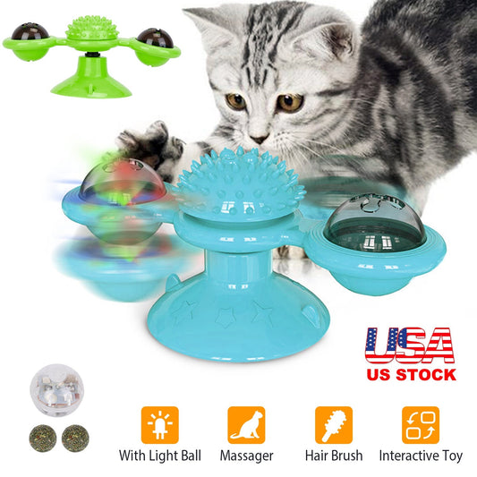 Windmill Cat Toy Turntable Interactive Teasing Pet Toy Wall Mount Turning Tickle Scratch Hair Brush Cat Toy with Catnip Light Ball