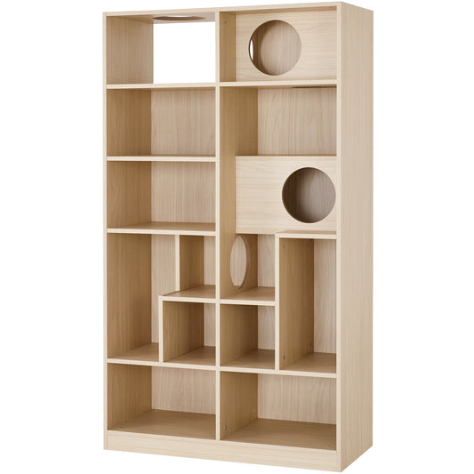 HouseOfZazla 63.5-inch natural wood multi-level bookcase cat tree with climbing shelves and circular entry holes.